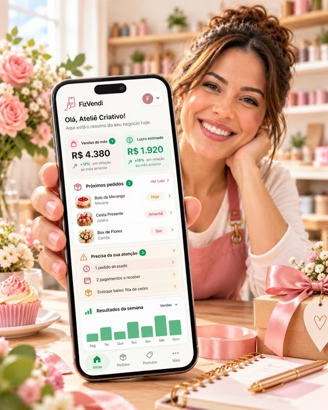 FizVendi no celular em um ateliê criativo, com painel de vendas, pedidos e resultados